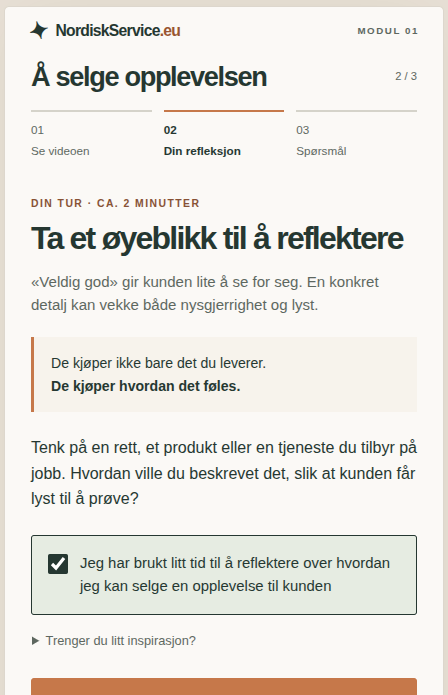 Skjermbilde av refleksjonen: Hvordan vil du beskrive en rett, et produkt eller en tjeneste slik at kunden får lyst til å prøve?