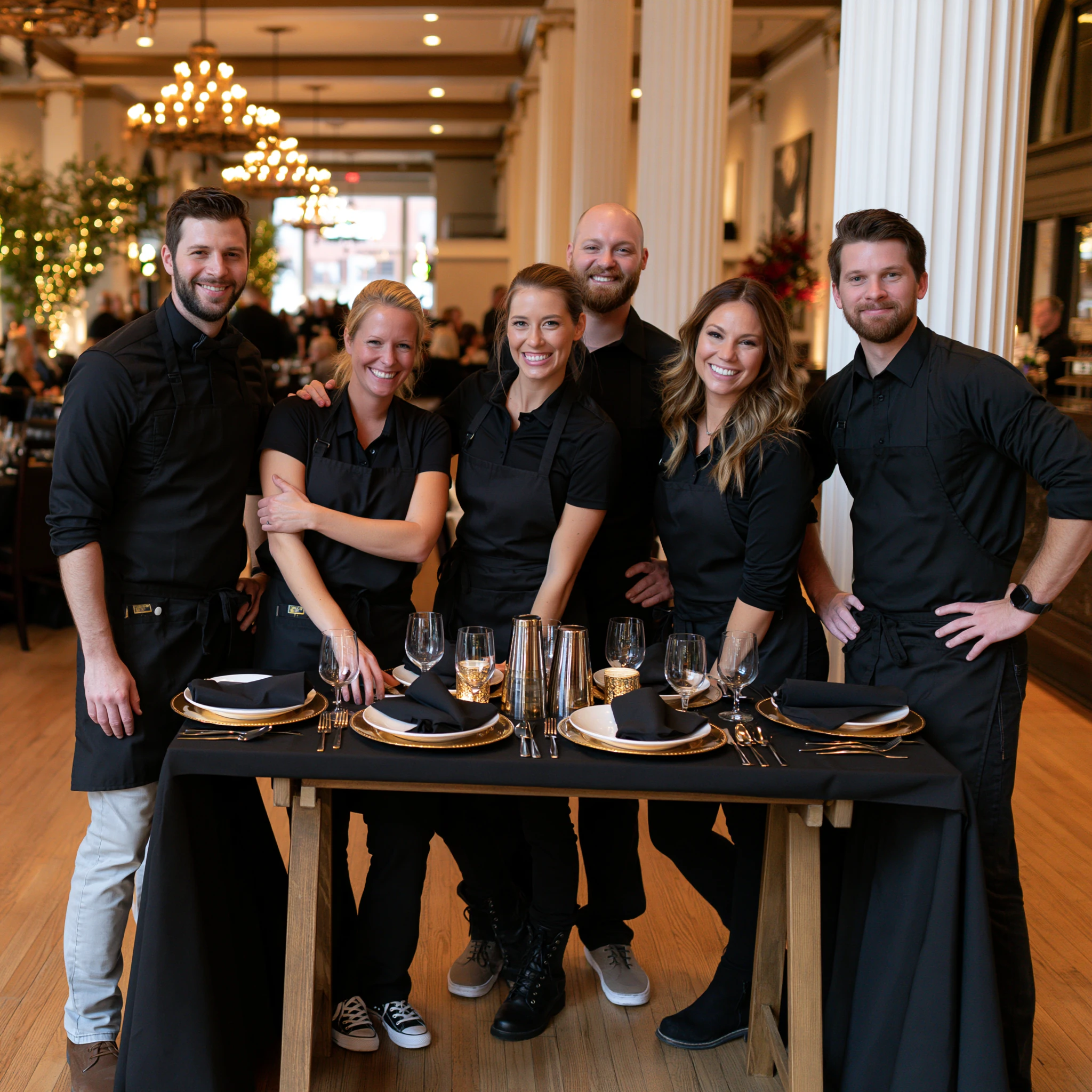 Et team i serveringsbransjen samlet rundt et dekket bord